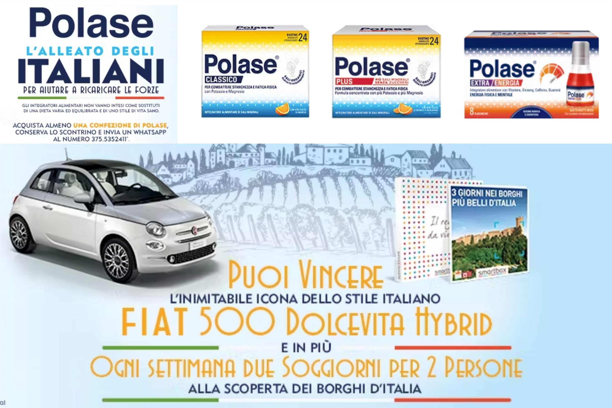 Concorso Polase “L’alleato degli italiani”: come vincere lo Smartbox “3 giorni nei borghi più belli d’Italia” o una Fiat 500 Hybrid Dolcevita