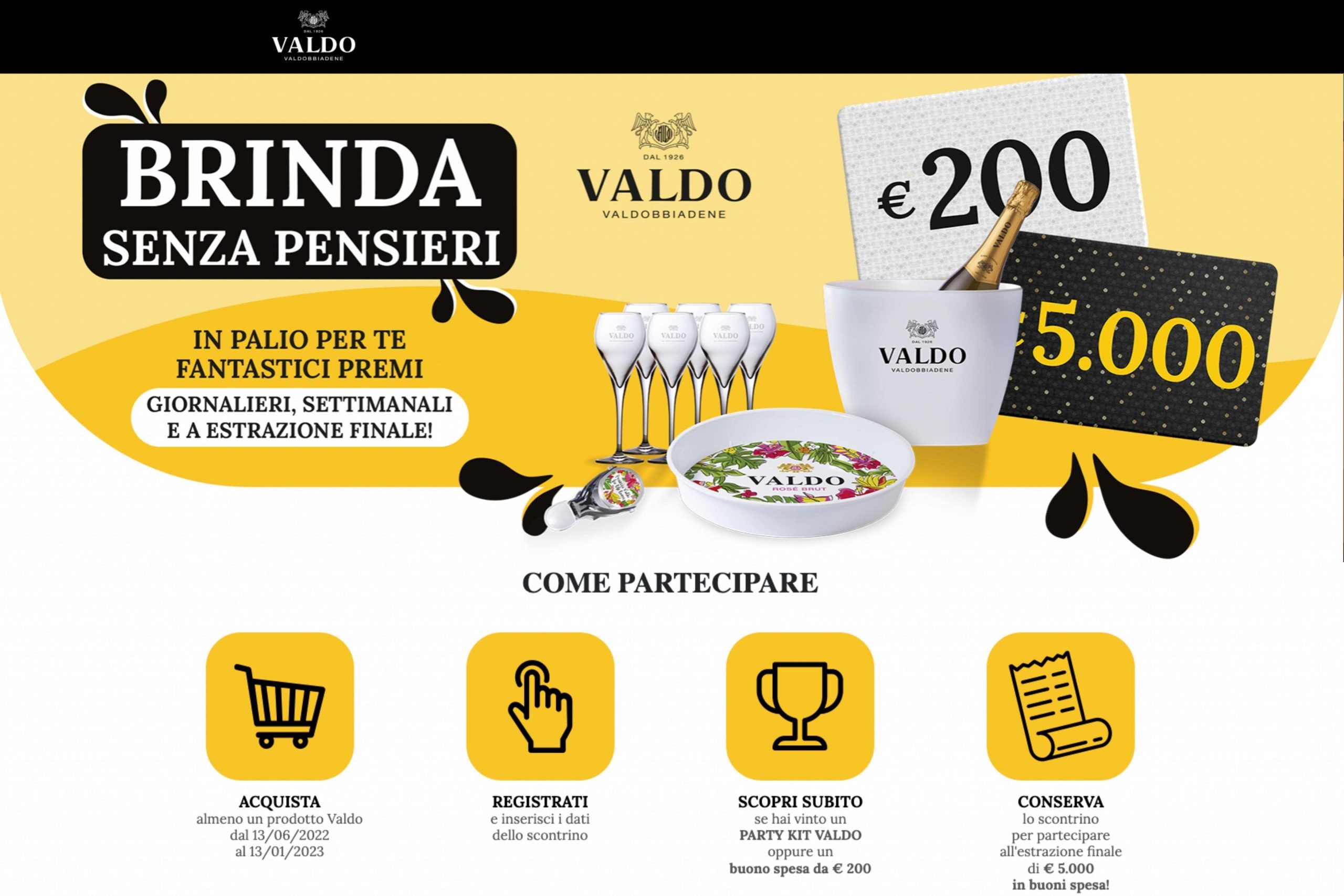 Concorso “Brinda senza pensieri” by Valdo: come vincere un party kit e buoni spesa fino a 5000€
