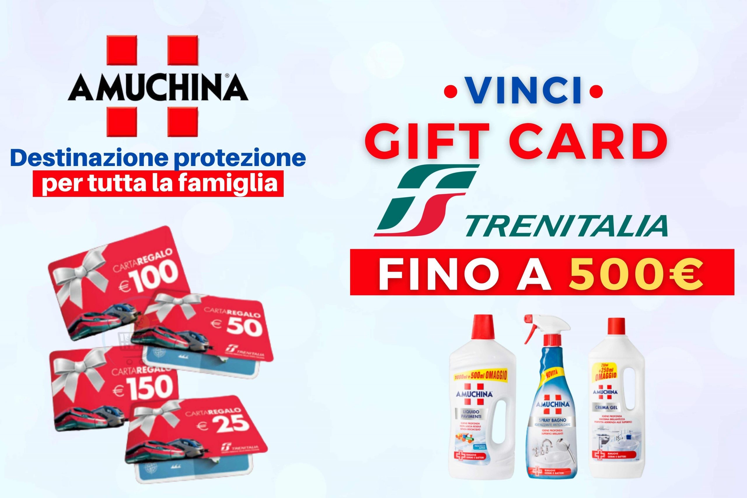 Concorso Amuchina “Destinazione protezione per tutta la famiglia”: come vincere gift card Trenitalia da 15 e 500€